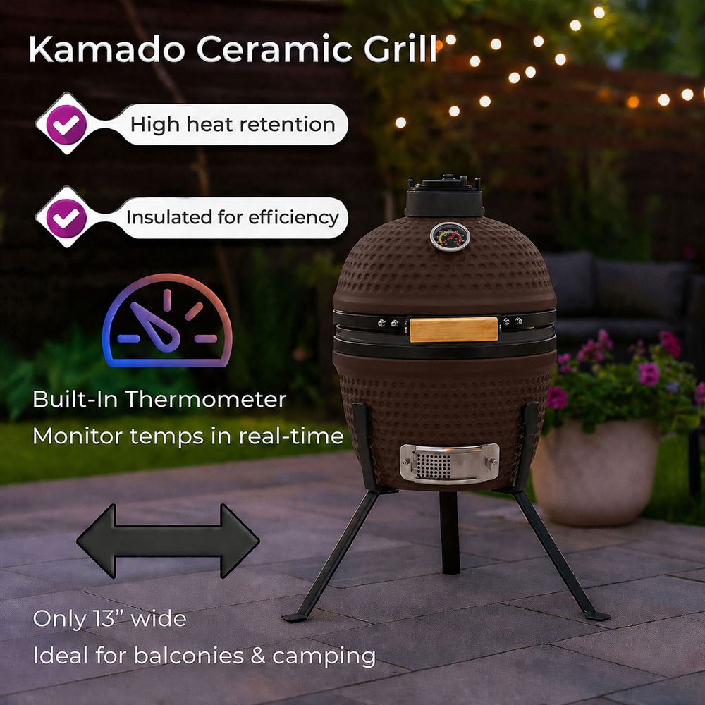 Neo Kamado Brown Portable Ceramic 13 inch Mini BBQ Grill Smoker with Stand Image 7