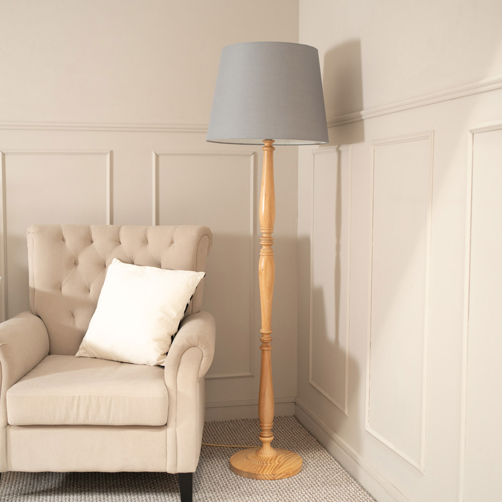 ValueLights Victoria Grey Fabric Tapered Shade Light Wood Traditional Stem LED Floor Lamp Image 3