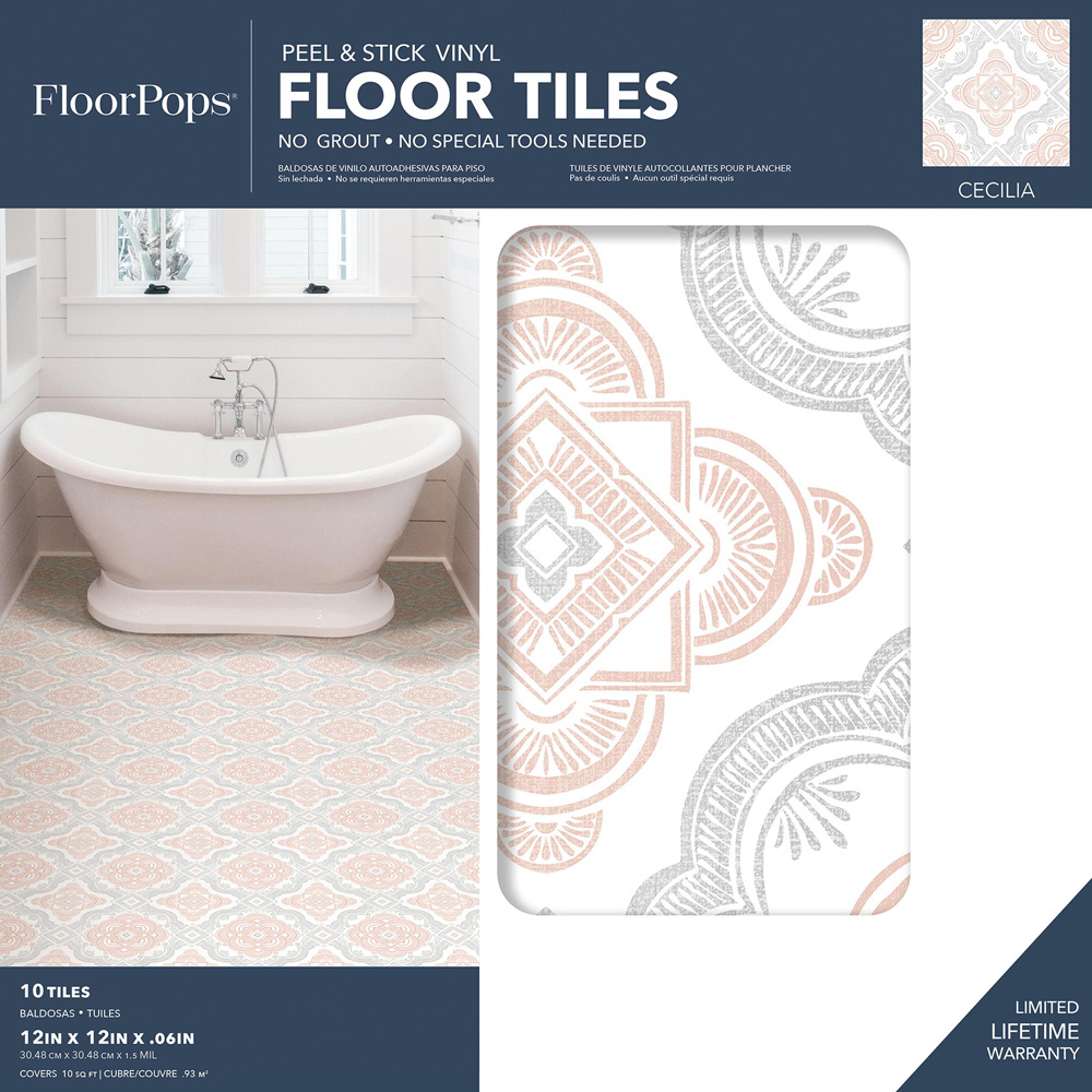 Floorpops Cecilia Light Grey and Red Peel and Stick Floor Tile 30.48 x 30.48cm 10 Pack Image 6