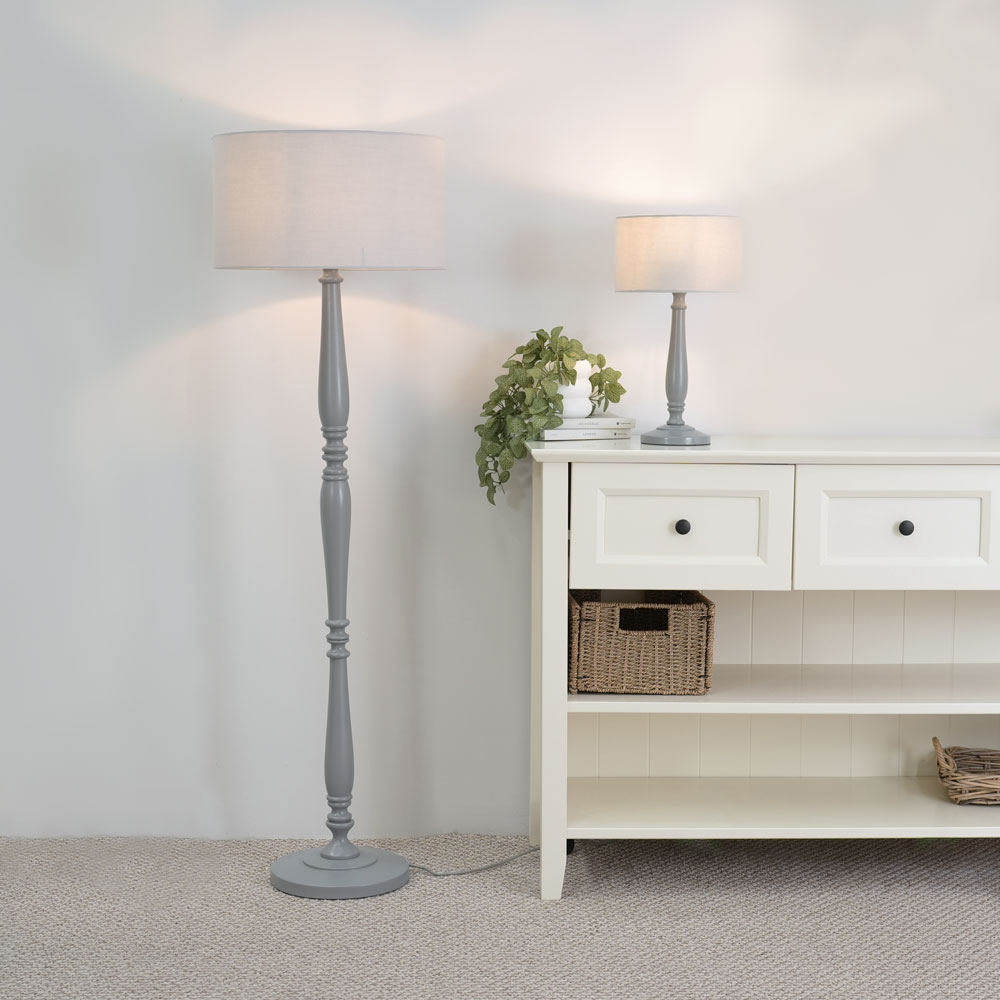 ValueLights Victoria Grey Fabric Drum Shade Grey Wood Traditional Stem LED Table Lamp Image 4