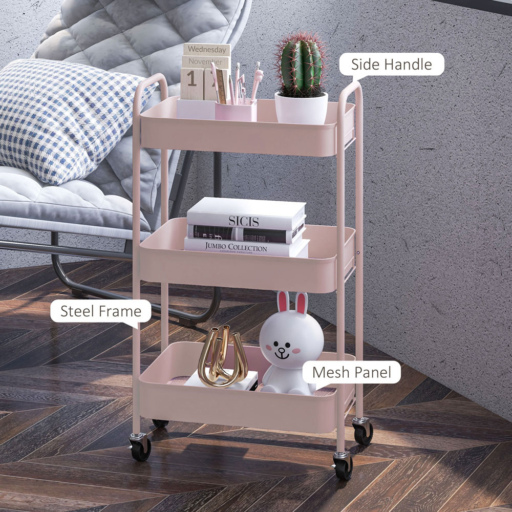 HOMCOM 3-TierPink Rolling Utility Cart Image 7