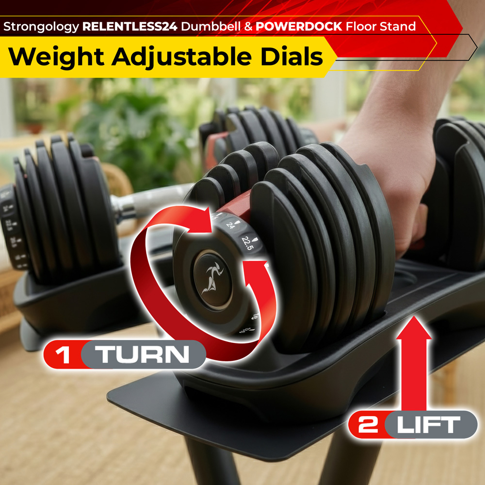 Strongology Relentless24 Adjustable Dumbbell Pair with Powerdock Floor Stand 2.5kg to 24kg Image 3