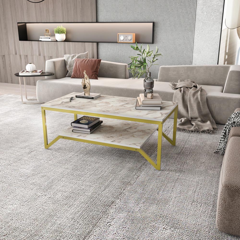 Decorotika Flora Single Shelf White Marble and Gold Modern Coffee Table Image 5