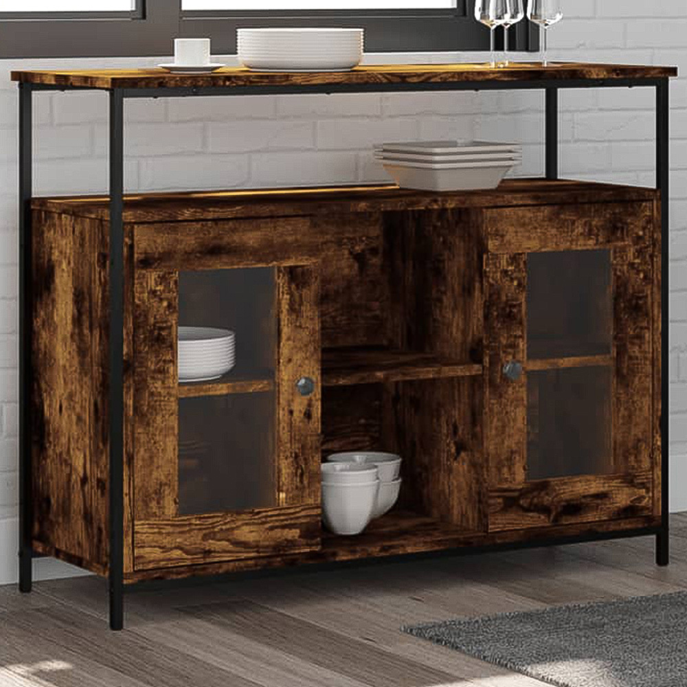 vidaXL 2 Glass Door 3 Shelf Smoked Oak Wide Sideboard Image
