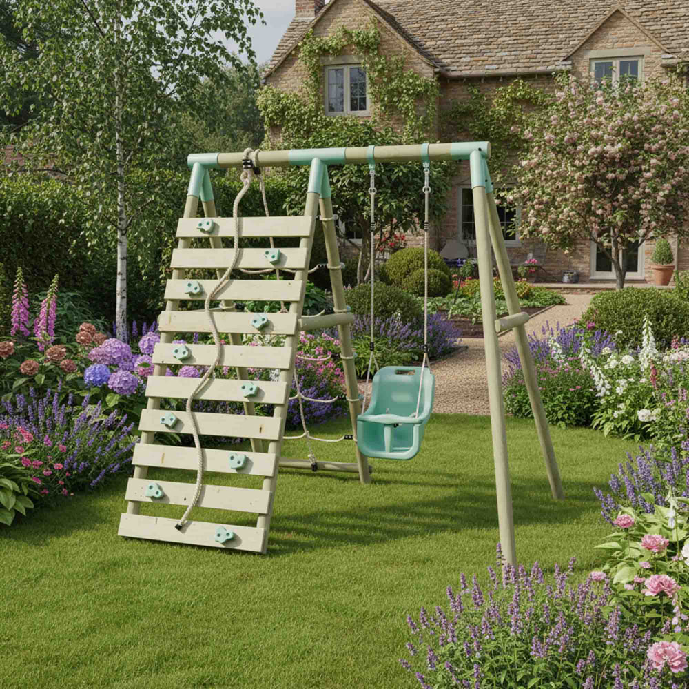 Mercia Wooden Round Pole Baby Seat Swing with Climbing Wall Image 2