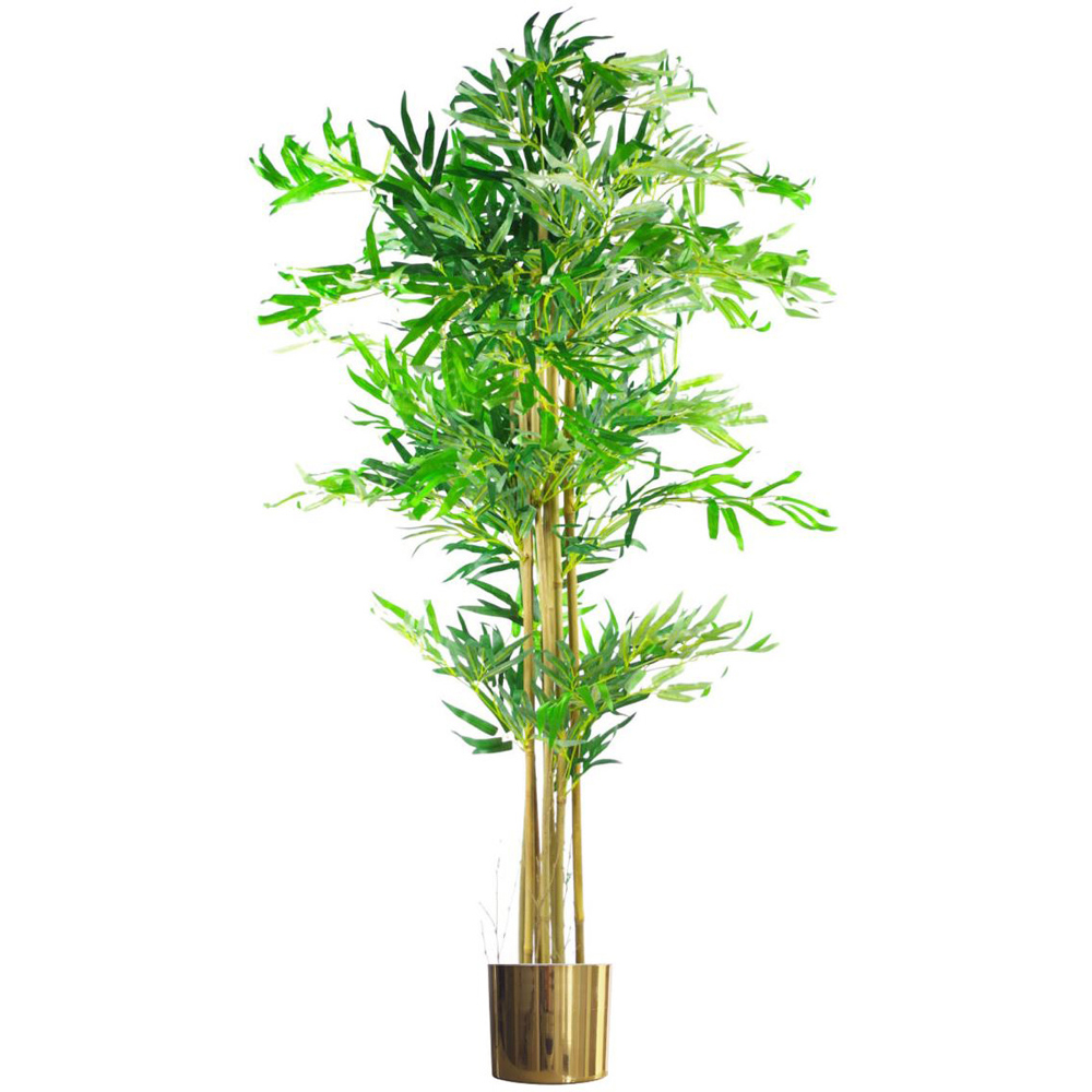Leaf Realistic Artificial Bamboo Plant Tree in Gold Metal Planter 5ft Image 1