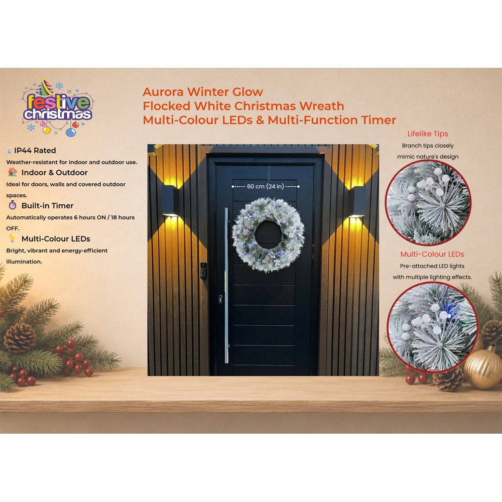 Festive Christmas 50 Multicolour LED Aurora Winter Glow Christmas Wreath 60cm Image 4