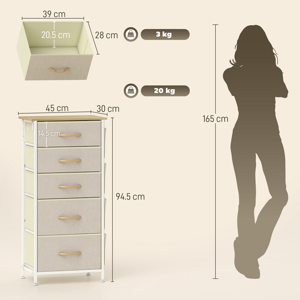 HOMCOM 5 Drawer 4 Side Pockets 2 Hooks Beige Fabric Chest of Drawers Image 9