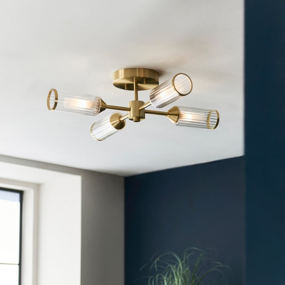 Merano Trieste Clear and Frosted Glass Satin Brass Plate Multi Arm Semi Flush Ceiling Lamp Image 8