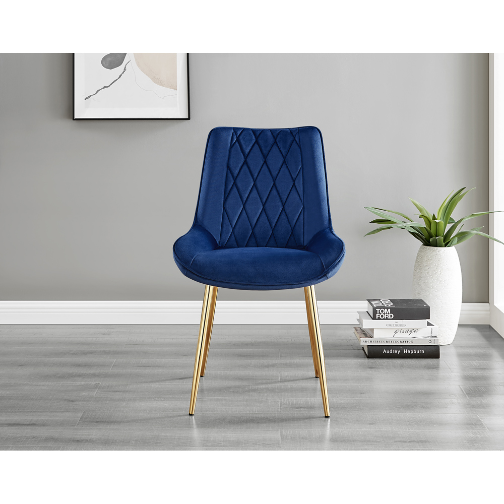 Furniturebox Cesano Set of 2 Navy Blue and Gold Velvet Dining Chair Image 2