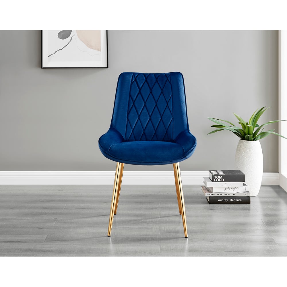 Furniturebox Cesano Set of 2 Navy Blue and Gold Velvet Dining Chair Image 2