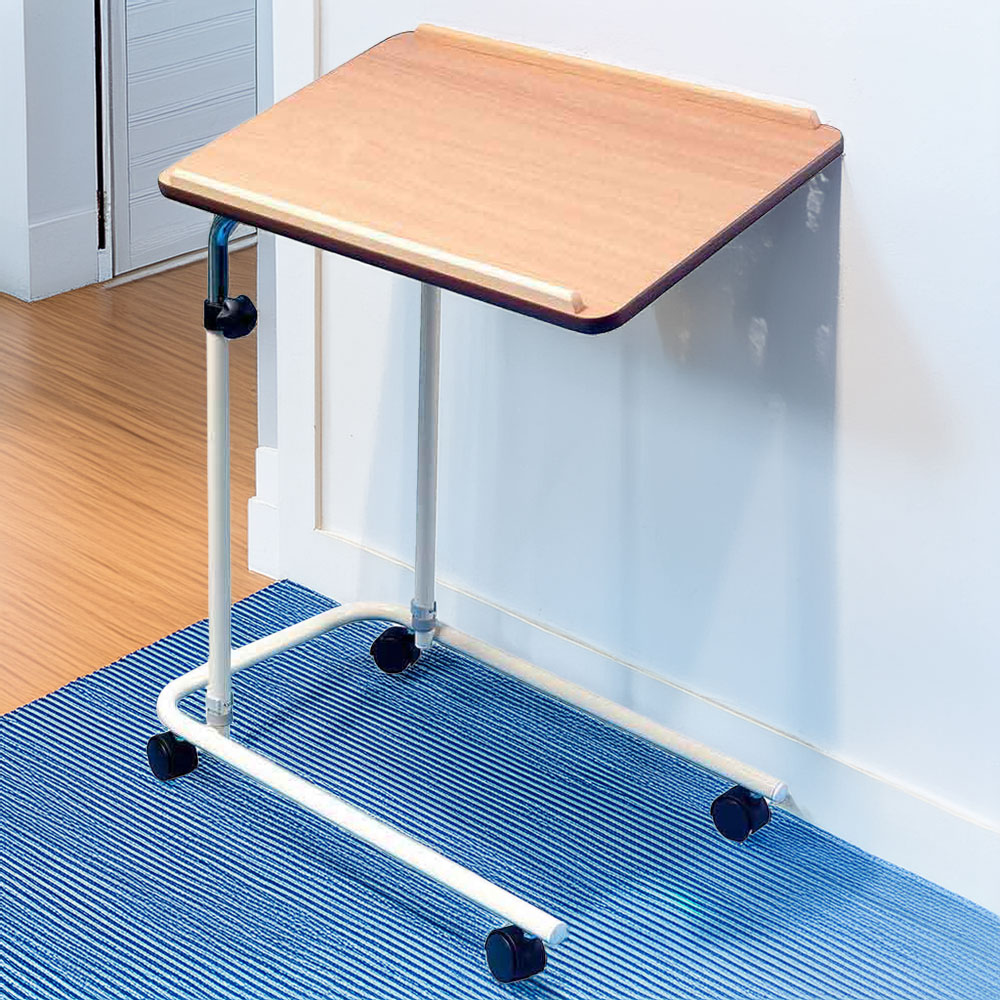 NRS Healthcare Teak Adjustable Over Bed Table with Wheels Image 1