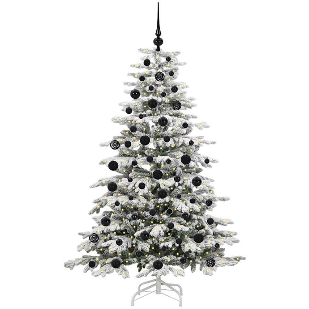 vidaXL Pre-Lit Black Baubles White Artificial Snow Flocked Christmas Tree 6ft Image 1