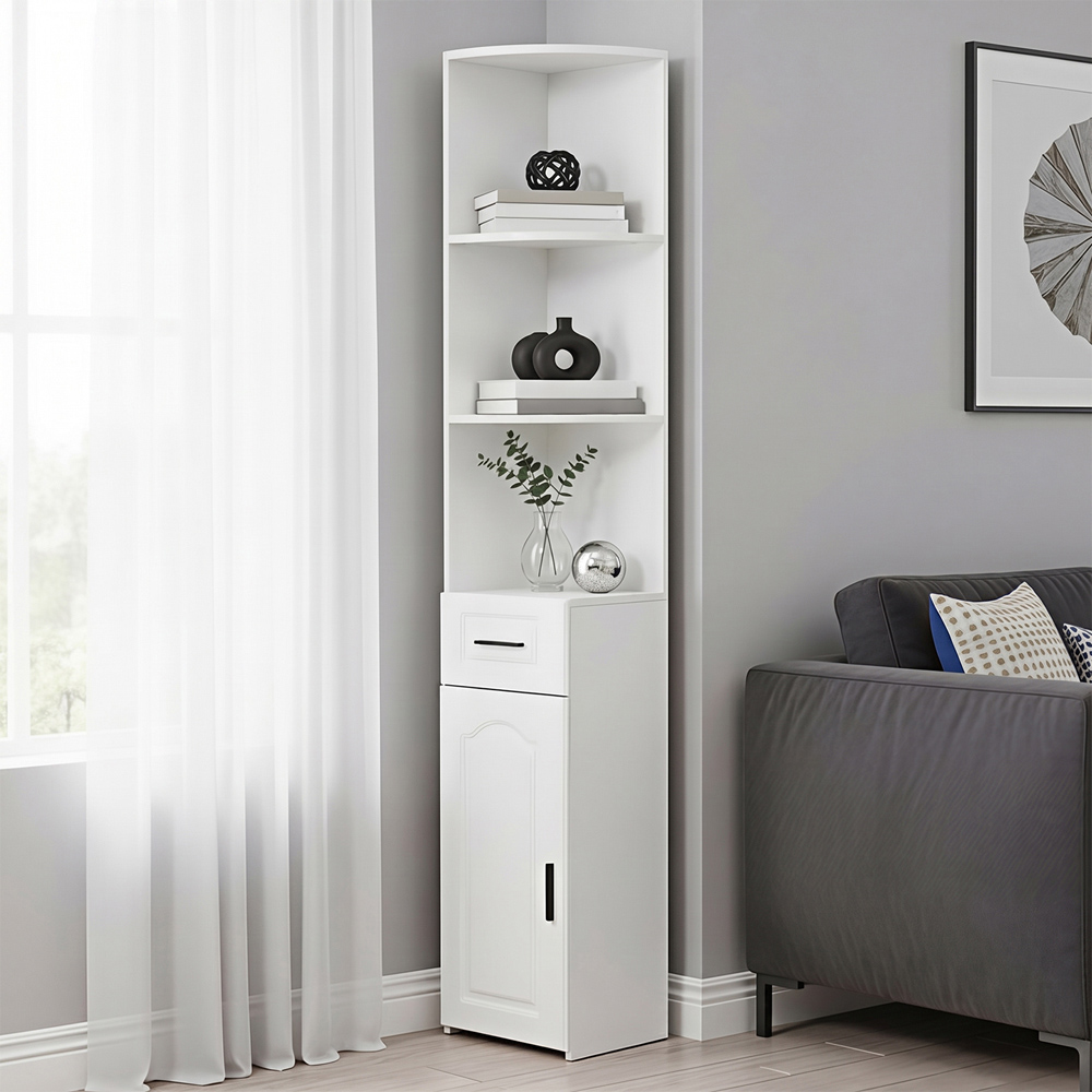 Living and Home Single Door Single Drawer White Corner Cabinet Image 1