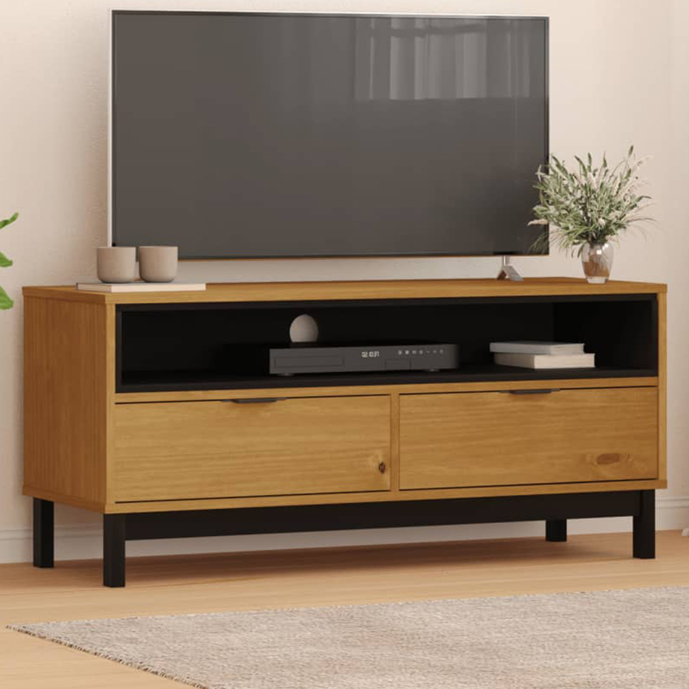 vidaXL Flam 2 Drawer Single Shelf Oak Solid Pine Wood TV Cabinet Image 1