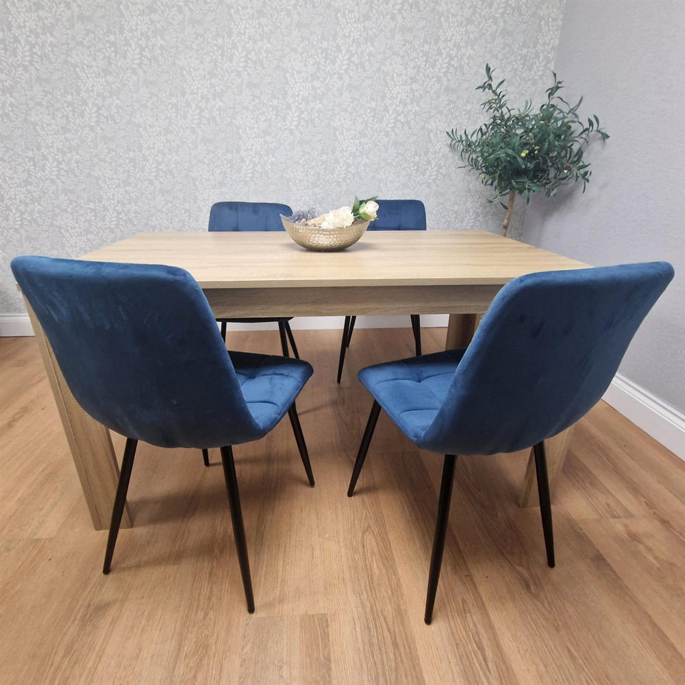 Portland 4 Seater Square Velvet Dining Set Oak Effect and Blue Image 2