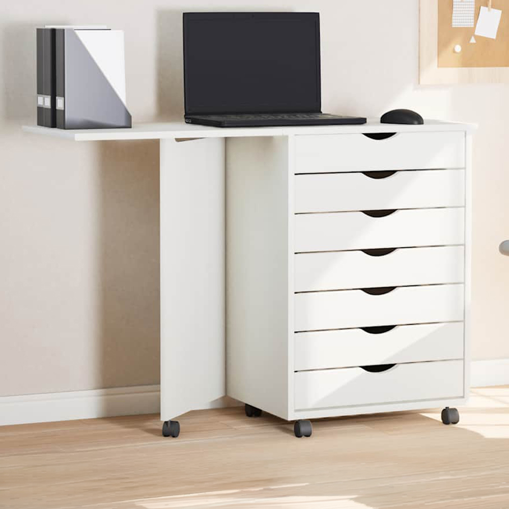vidaXL Moss 7 Drawer White Solid Pine Mobile Chest of Drawers with Desk Image 1