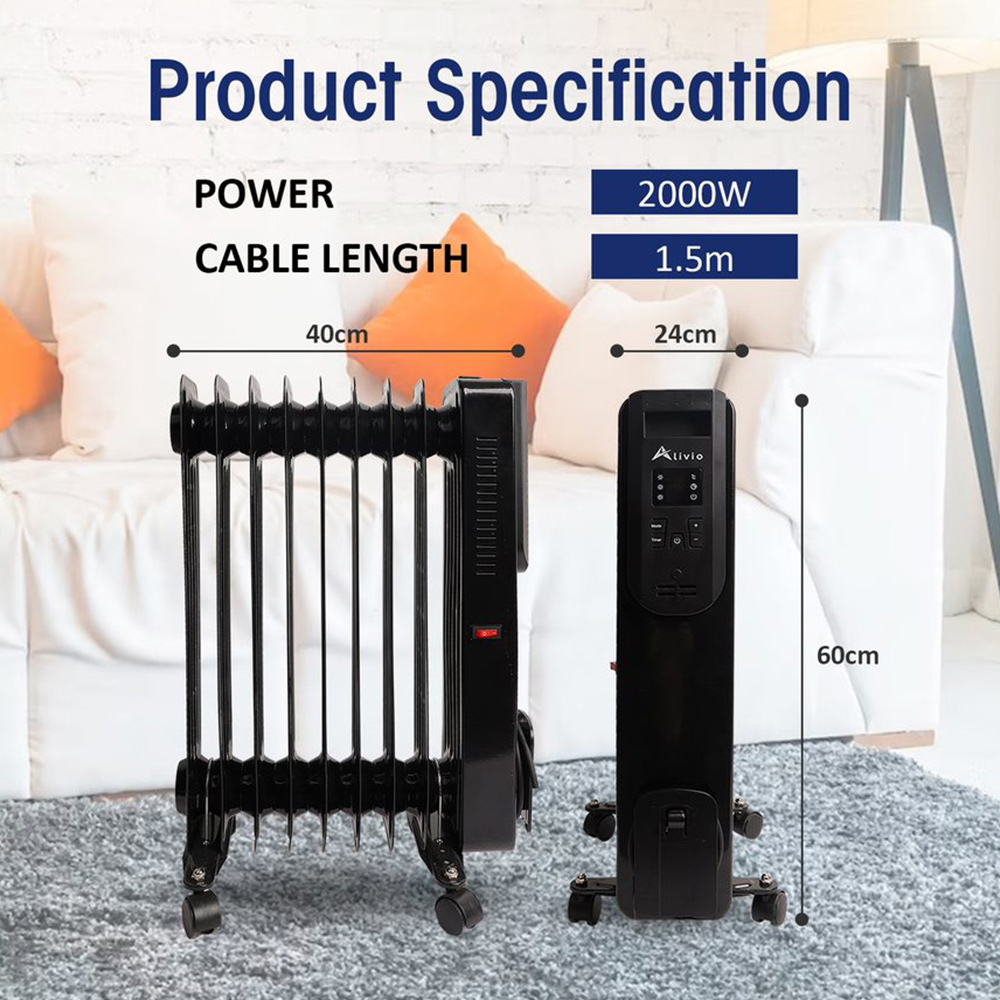 Alivio 9 Fin Black Portable Electric Oil Filled Radiator 2500W Image 3