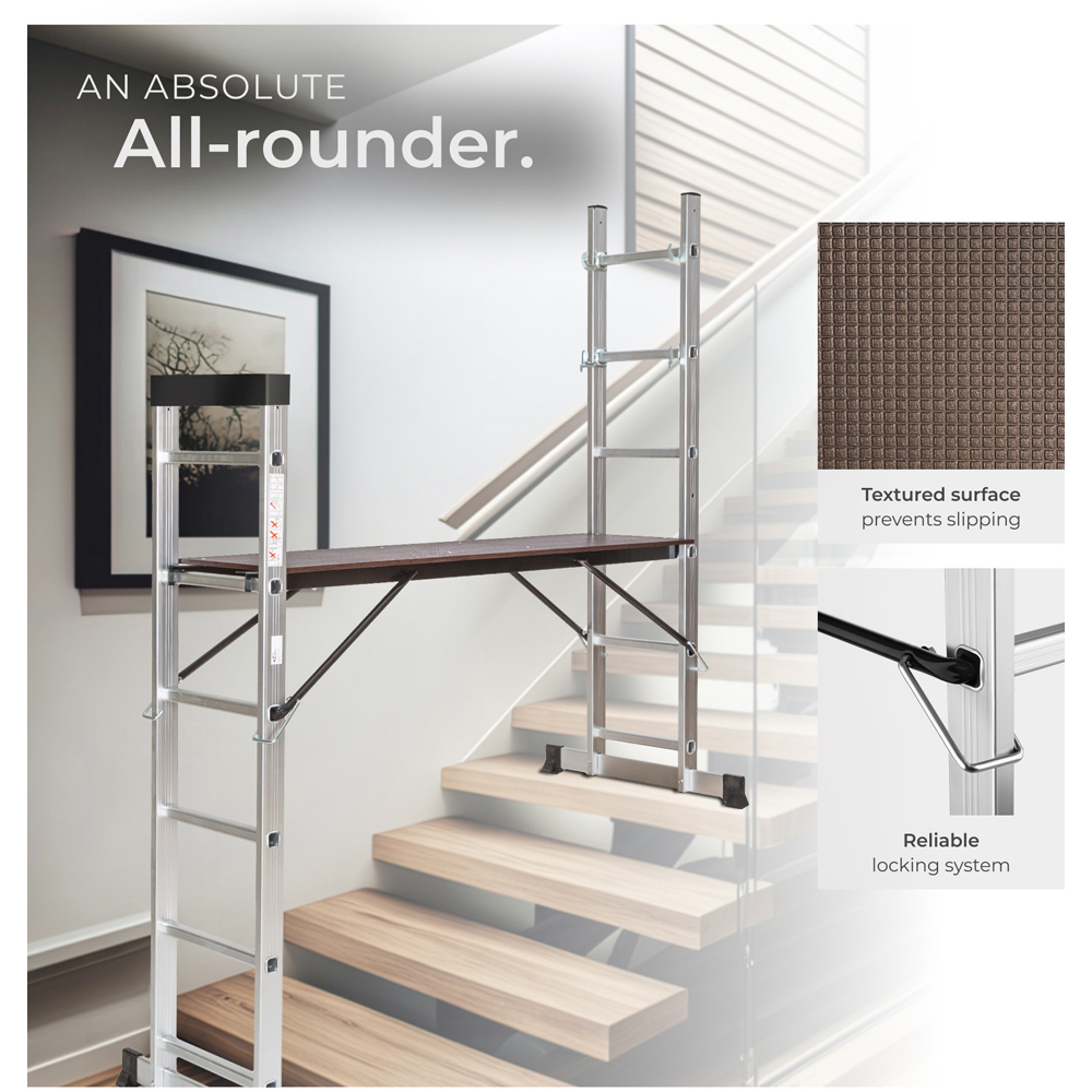 Tectake 3 in 1 Silver Aluminium Non Slip Ladder with 2 Practical Wheels Image 7