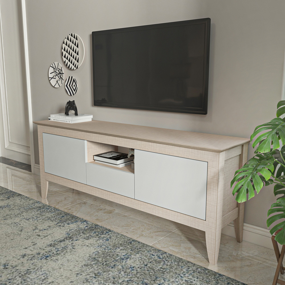 Decorotika Verde 3 Door Single Shelf Beige and White TV Unit Image 6