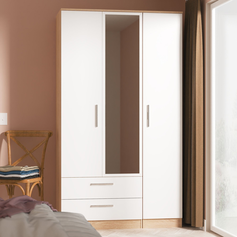 Crowndale Contrast 3 Door 2 Drawer White Matt and Bardolino Oak Mirrored Wardrobe Ready Assembled Image 1