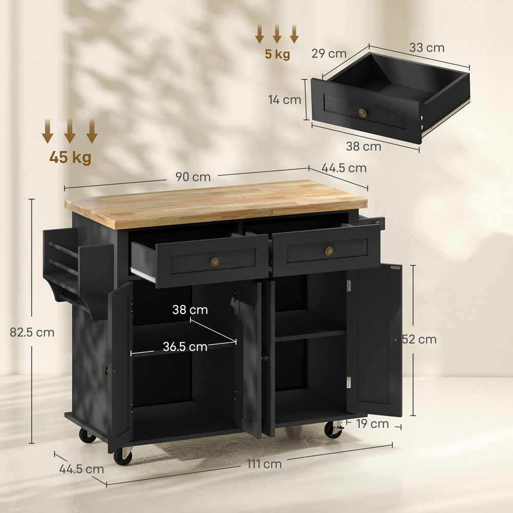 HOMCOM 4 Door 2 Drawer Black Rolling Kitchen Storage Cart Image 9