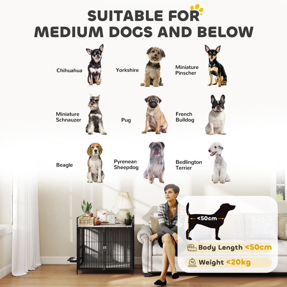 PawHut Grey Medium Dog Crate Furniture with Rotating Bowl Holder Image 7