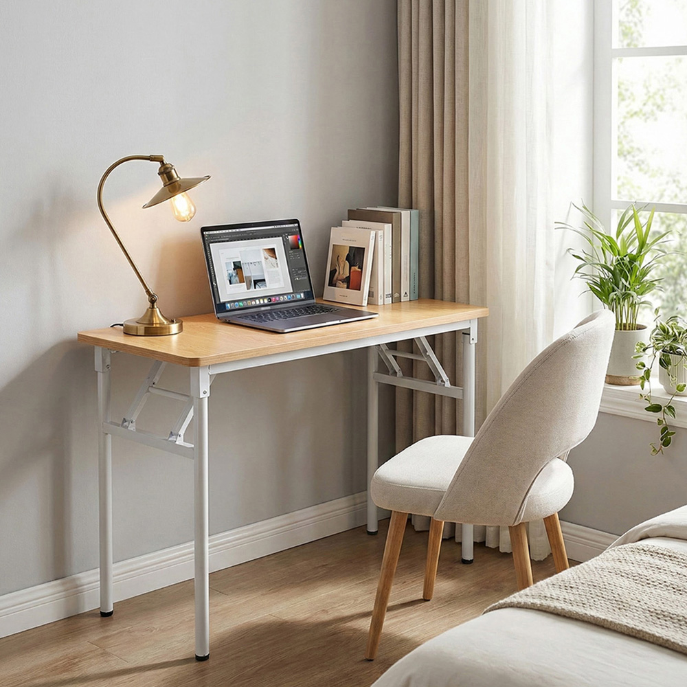 Living and Home Metal Frame Foldable Laptop Desk with Adjustable Feet Natural and White Image 8