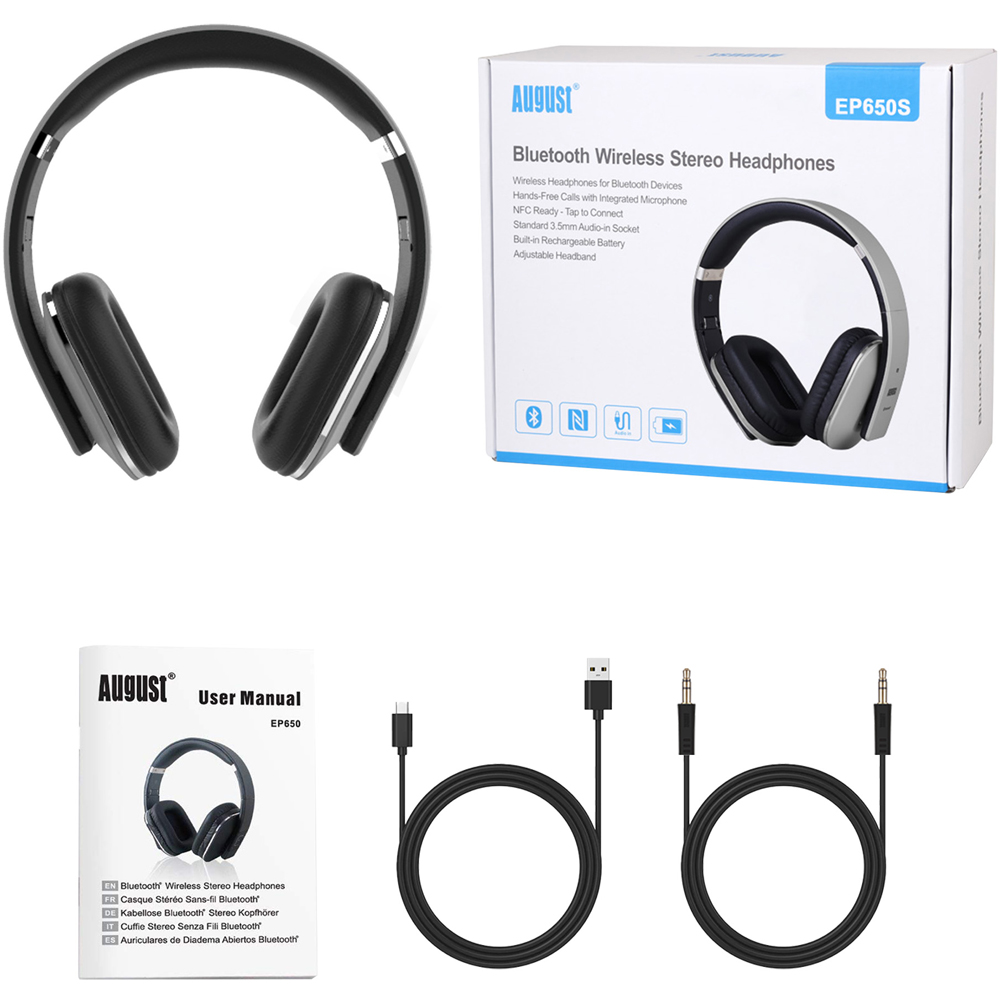 August EP650S Silver Wireless Low Latency NFC Bluetooth Headphones with Mic Image 6