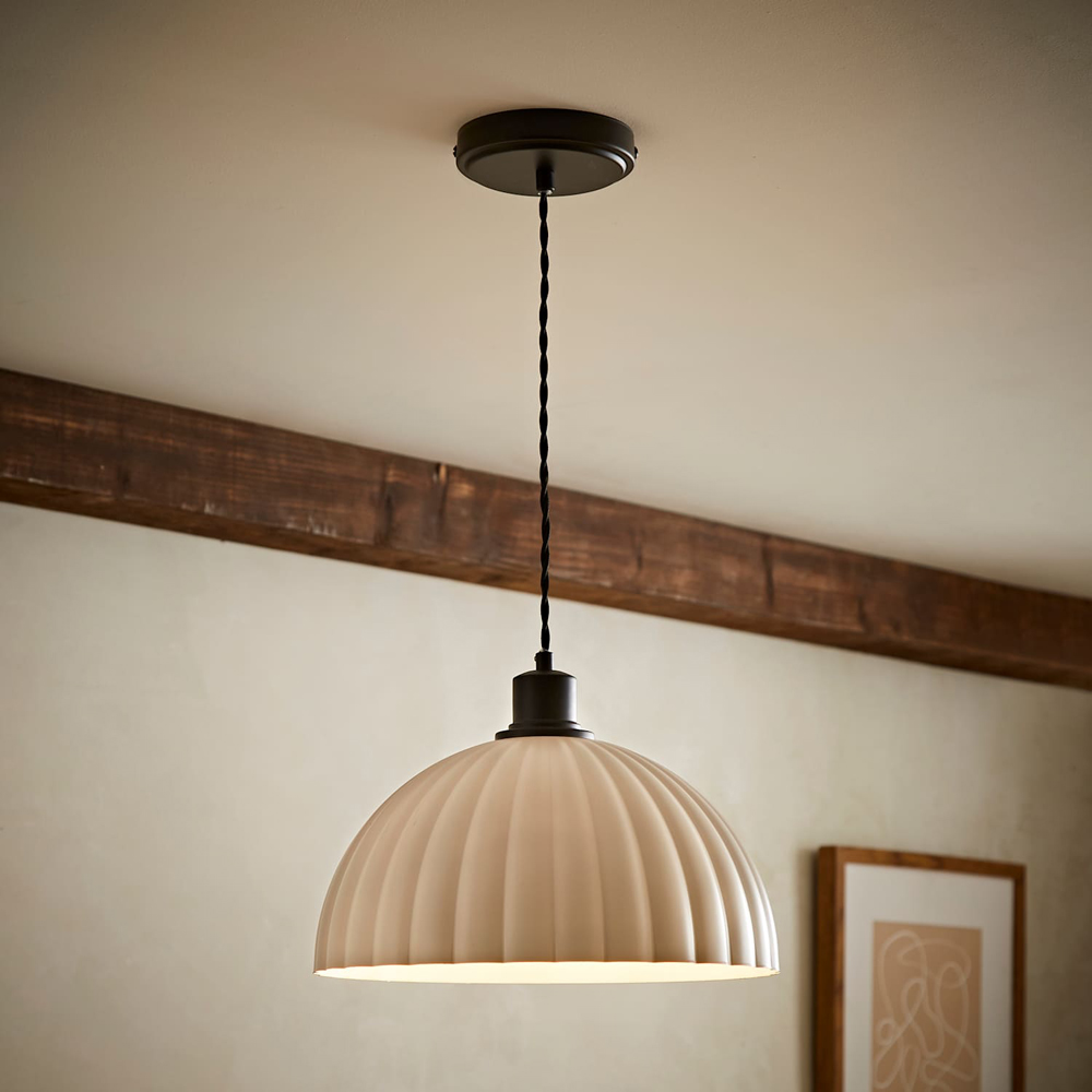 ValueLights Bourton Cream Ribbed Dome Shade Matte Black Ceiling Light with Bulb Image 2