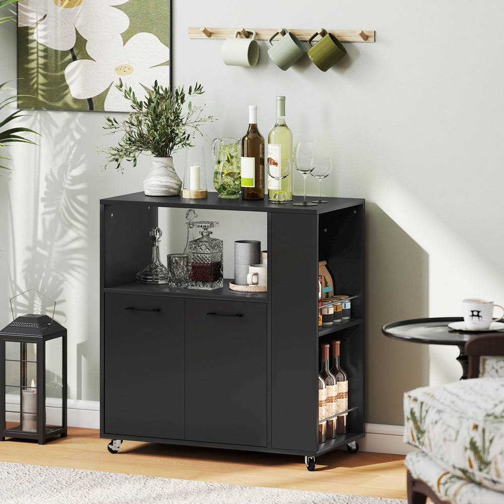 HOMCOM 2 Door Black Kitchen Island on Wheels with Spice Rack Image 4