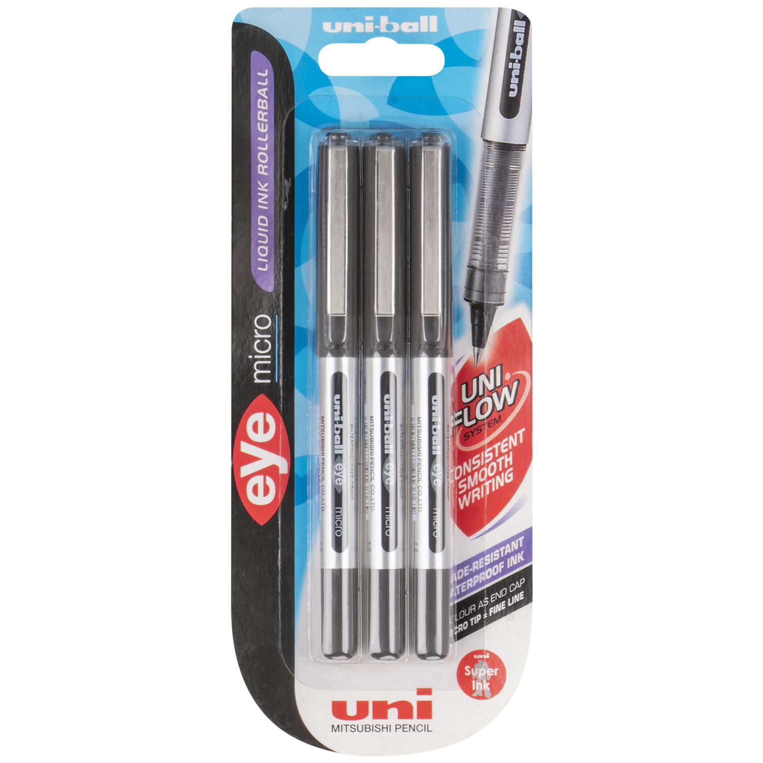 Pack of Three Black Uniball Eye Micro UB-150 Pens - Black Image
