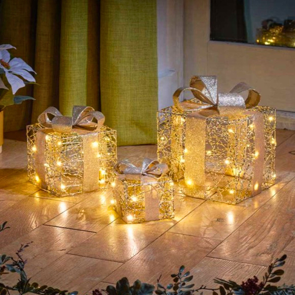 Samuel Alexander 20 Warm White LED Gold Weave Gift Box Christmas Decoration Set of 3 Image 1