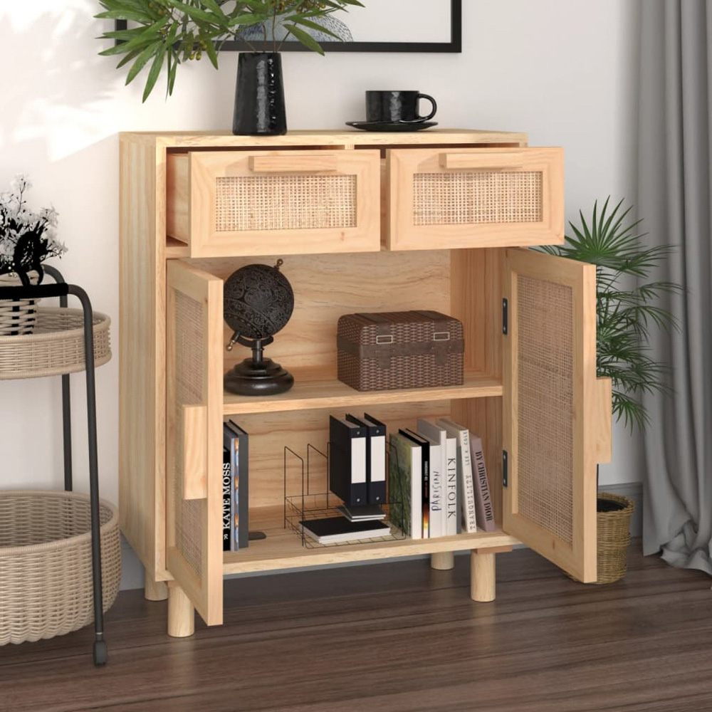 vidaXL 2 Door 2 Drawer Brown Solid Pine Wood and Natural Rattan Sideboard Image 6