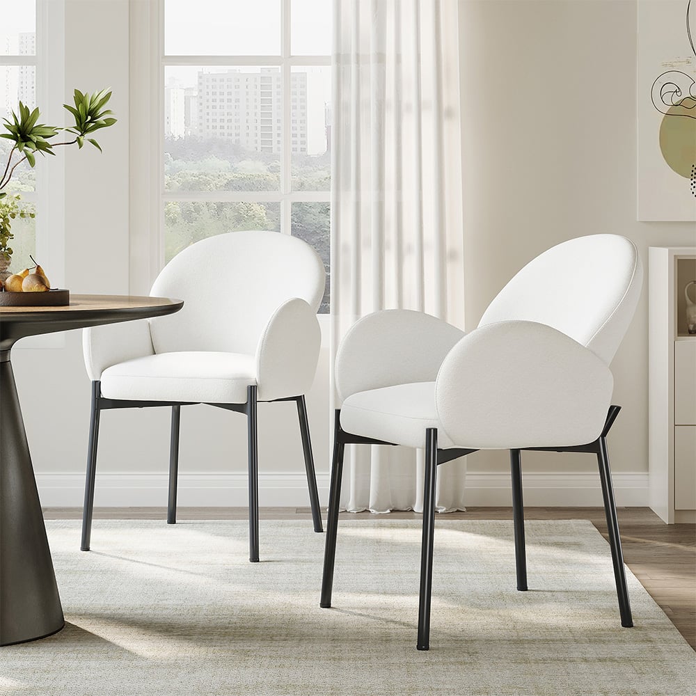 Living and Home Set of 2 White Upholstered Teddy Fleece Dining Chair with Armrests Image 8
