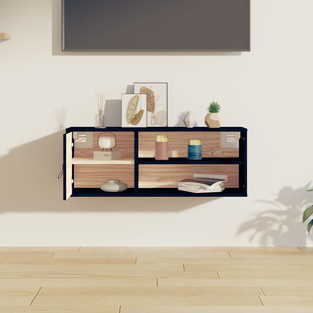 vidaXL Single Door 2 Shelf Black Solid Pine Wood Wall Cabinet Image 9