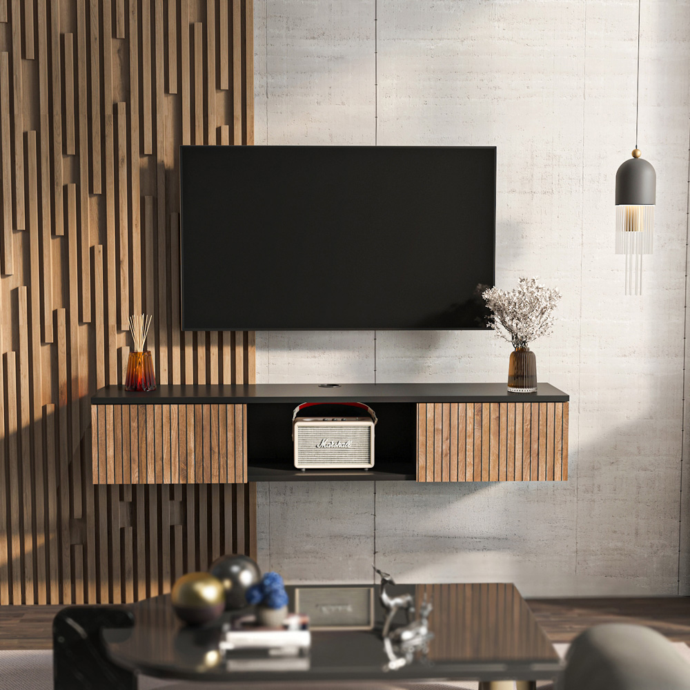 Decorotika Elia 2 Door Single Shelf Black and Alina Wall Mounted TV Unit Image 6