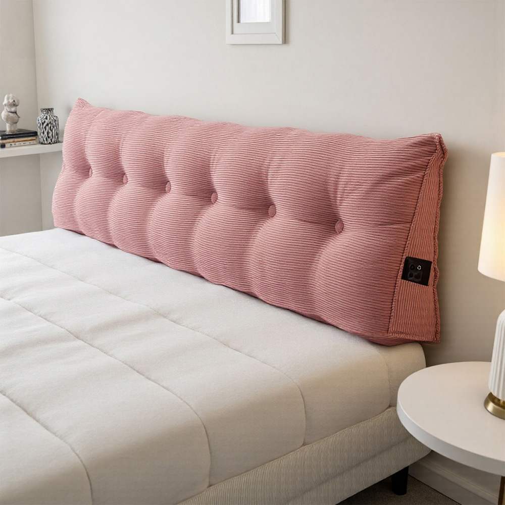 Living and Home Pink Corduroy Wedge Headboard Pillow with Side Pocket 180 x 50cm Image 2