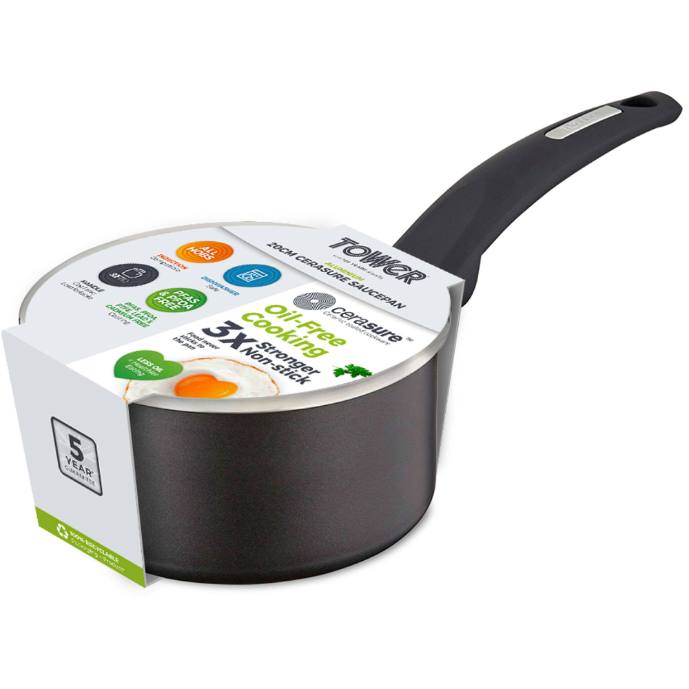Tower Cerasure 20cm Black Aluminium Non-Stick Saucepan with Glass Lid Image 2