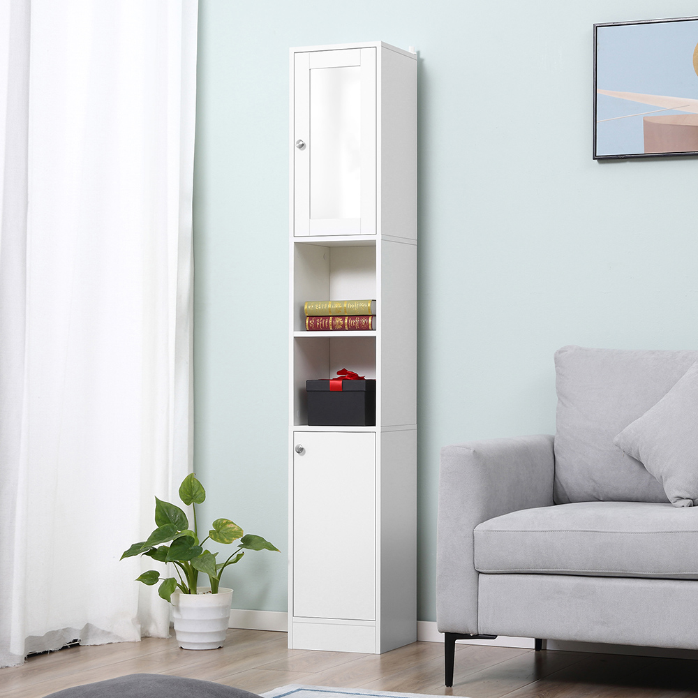 Kleankin White 2 Door 3 Shelf Mirrored Tall Floor Cabinet Image 4