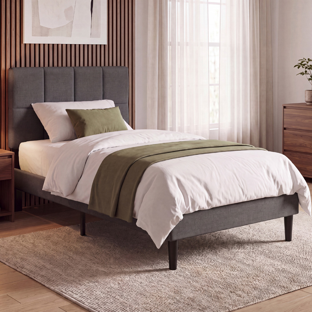 VIDA DESIGNS Velmora Single Dark Grey Linen Fabric Bed with Memory Foam Bonnell Spring Mattress Image 1