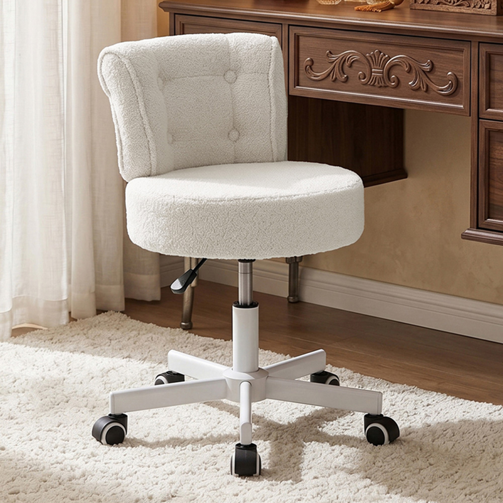 Living and Home White Teddy Fleece Button Tufted Vanity Chair with Castors Image 1