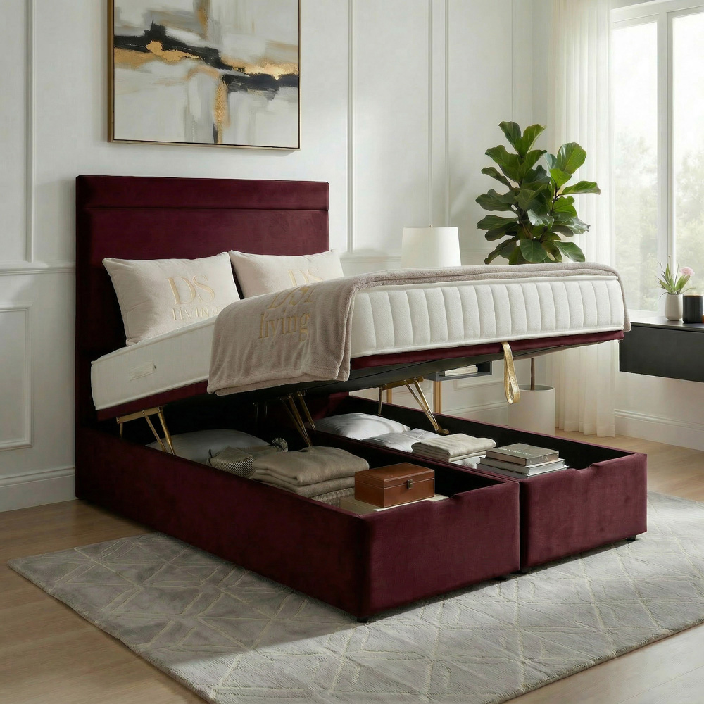 DS Living Majesty Double Maroon Plush Velvet Ottoman Bed Image 2
