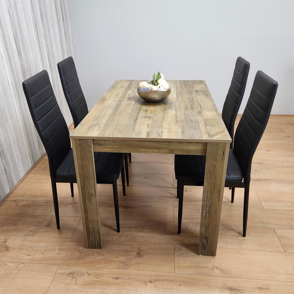 Kosy Koala 4 Seater Wood and Faux Leather Dining Set Rustic Effect and Black Image 7