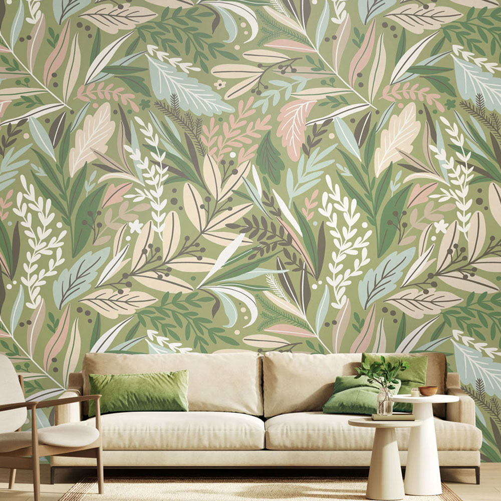 Origin Murals Repeatable Patterned Leaves Linen and Sage 3 Drop Wall Mural Image 1