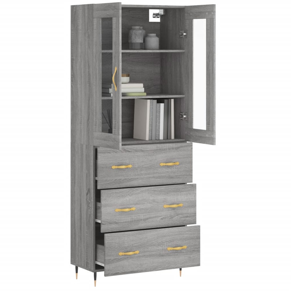 vidaXL 2 Glass Door 3 Drawer Grey Sonoma Highboard Image 3