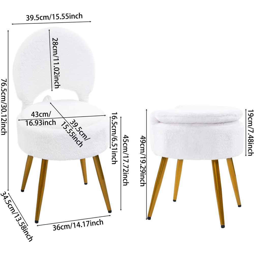 Living and Home White Faux Rabbit Fur Round Back Foldable Vanity Chair with Storage Image 8
