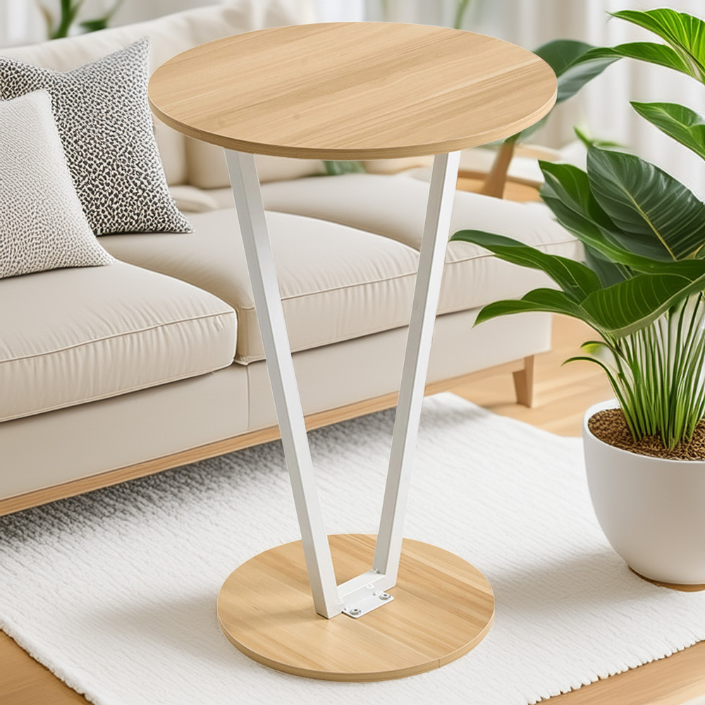 Living and Home Light Walnut Round Side Table with White Steel Frame Image 1