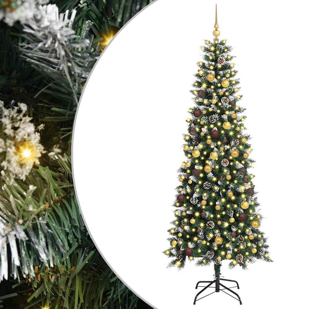 vidaXL Pre-Lit Gold and Bronze Baubles Green Artificial Snow Tipped Christmas Tree 8ft Image 2