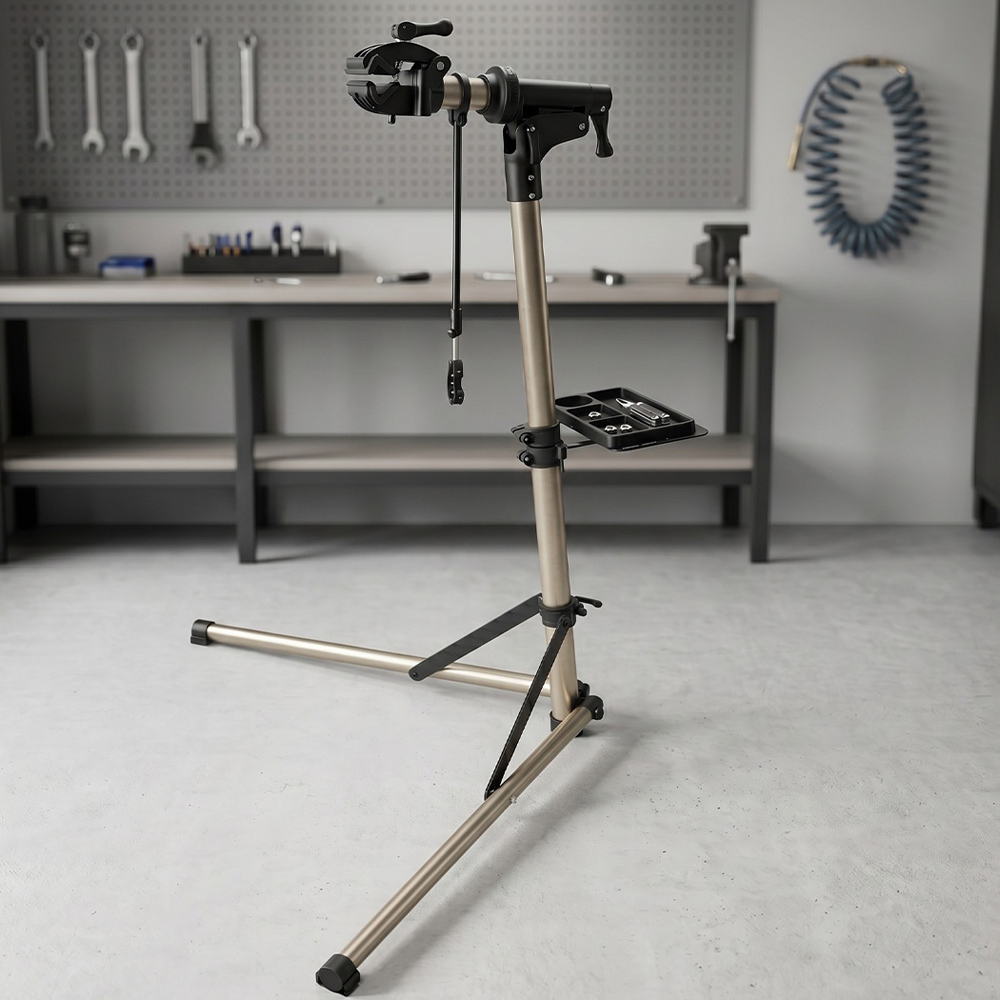 Monvelo Champagne Height Adjustable Rotating Bike Repair Stand with Tray and Handlebar Stabiliser Image 3